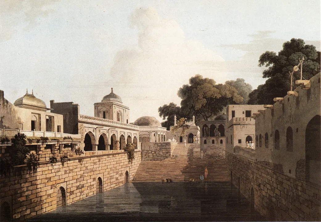 Step-well (baoli) in Delhi. Aquatint by and after Thomas and William Daniell. London, 1802. 43 x 60 cms. copy